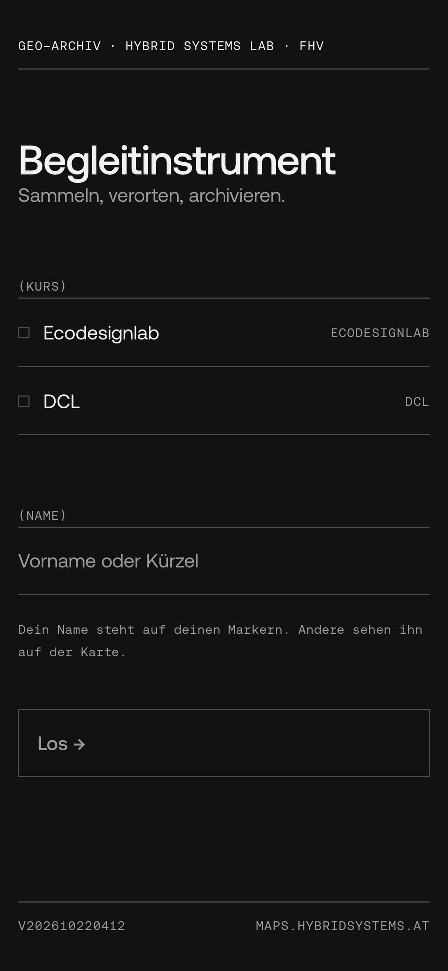 Begleitinstrument: Startbild der App mit Kurs und Name